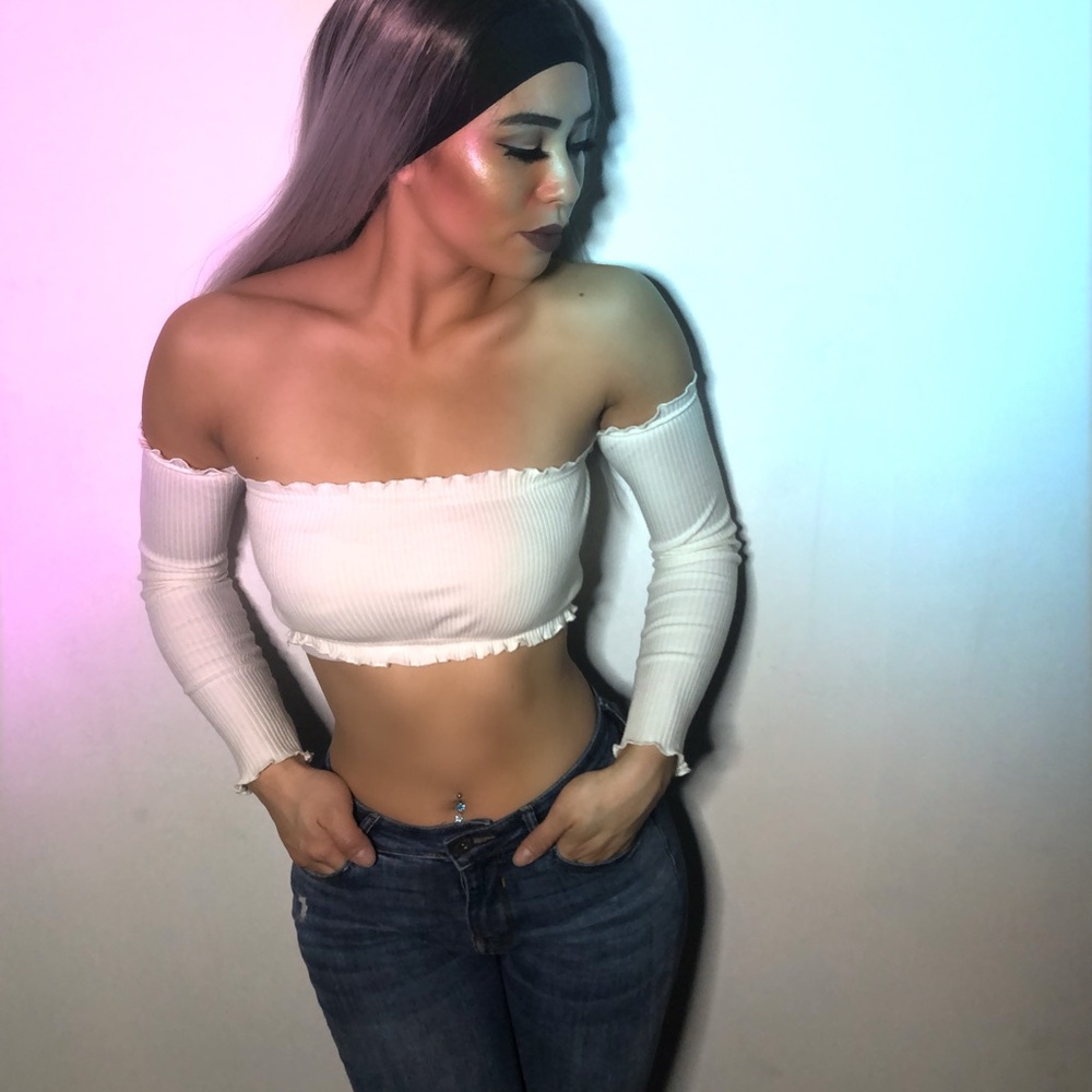 white cropped off the shoulder long sleeve